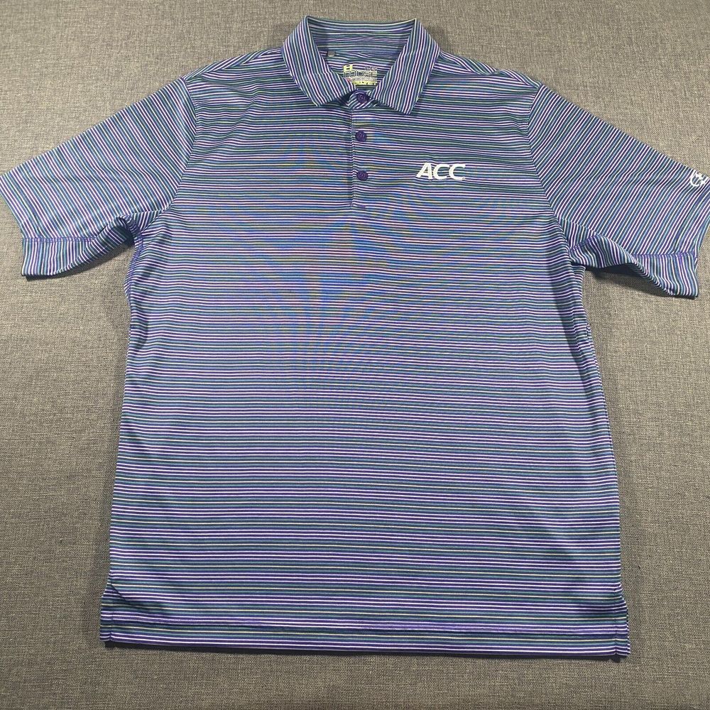Under Armour Heatgear‎ Short Sleeve Golf Polo Mens Large Purple Striped Catalyst